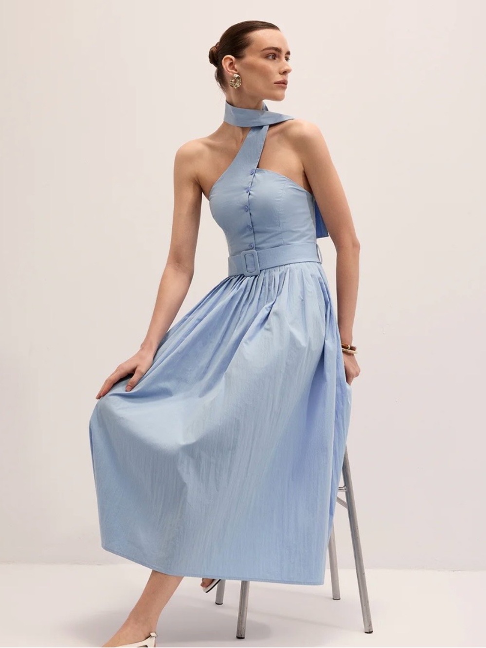 Commense Light Blue Halter Midi Dress with Belted Waist - Picture 5 of 6
